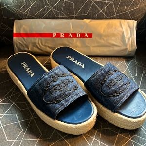 PRADA Never worn Denim Logo Platform Espadrilles 38.5 EU